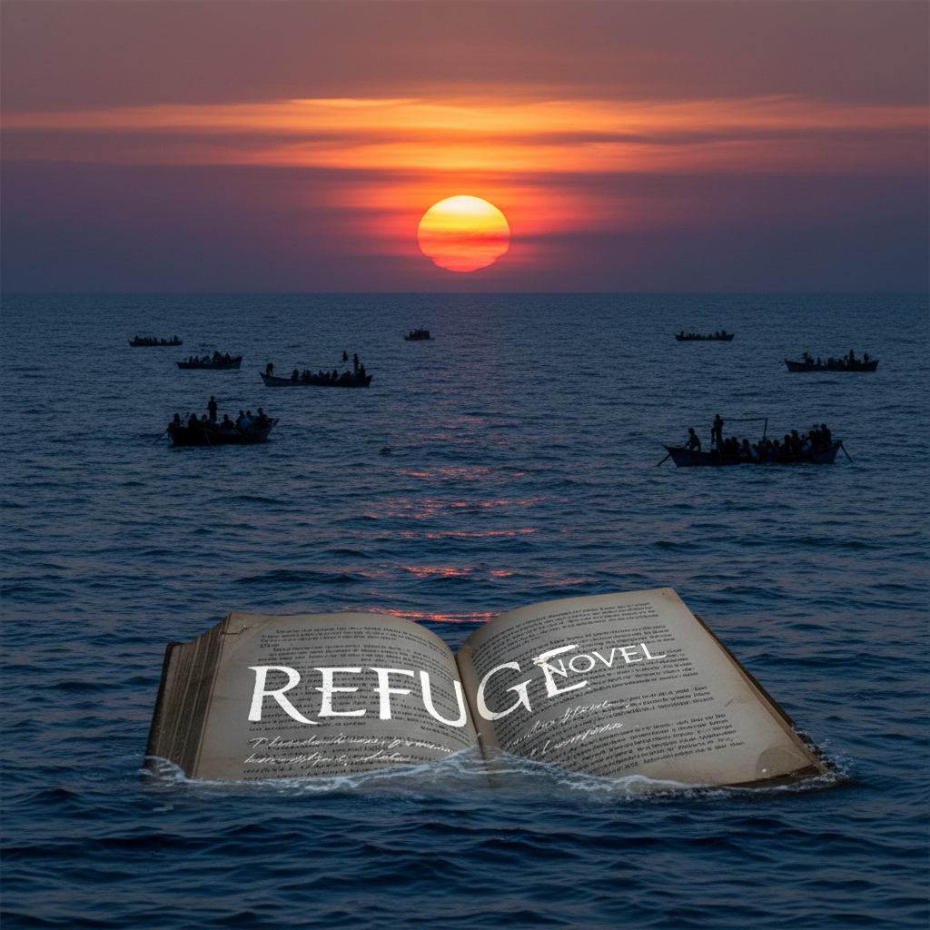 Deep blue ocean cover with small boat silhouette, Refugee novel