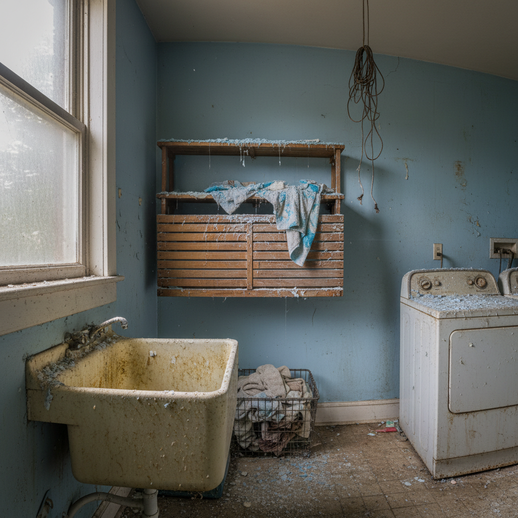 Before: yellowed utility sink and folding shelf with dust and detergent residue in a neglected laundry room
