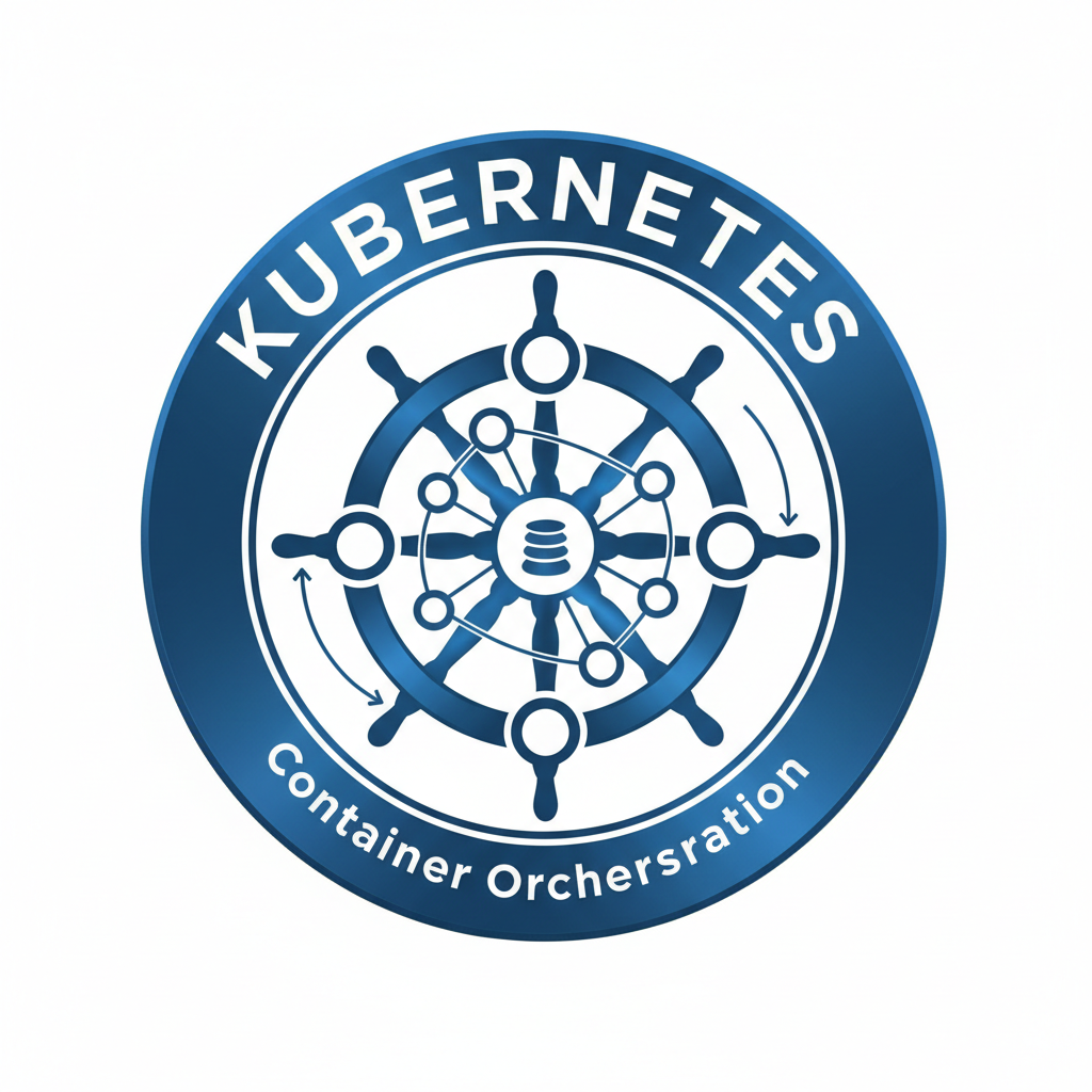 Kubernetes logo with container orchestration diagram showing pods and nodes