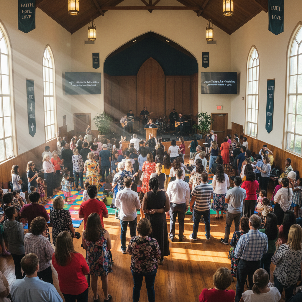 Diverse multigenerational church congregation gathered together outdoors in bright warm sunlight, joyful and embracing
