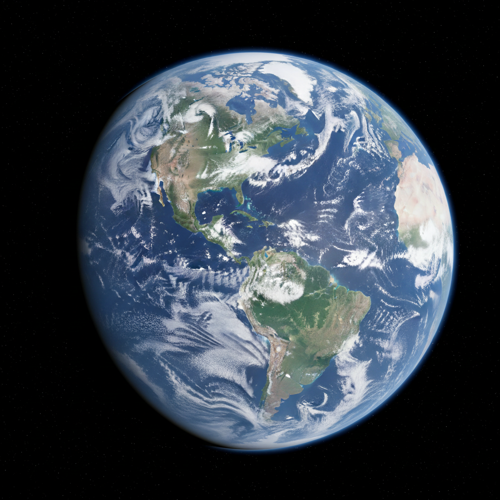 Earth from orbit bright blue oceans green landmasses with cloud patterns, well-lit daylight hemisphere, scientific satellite view