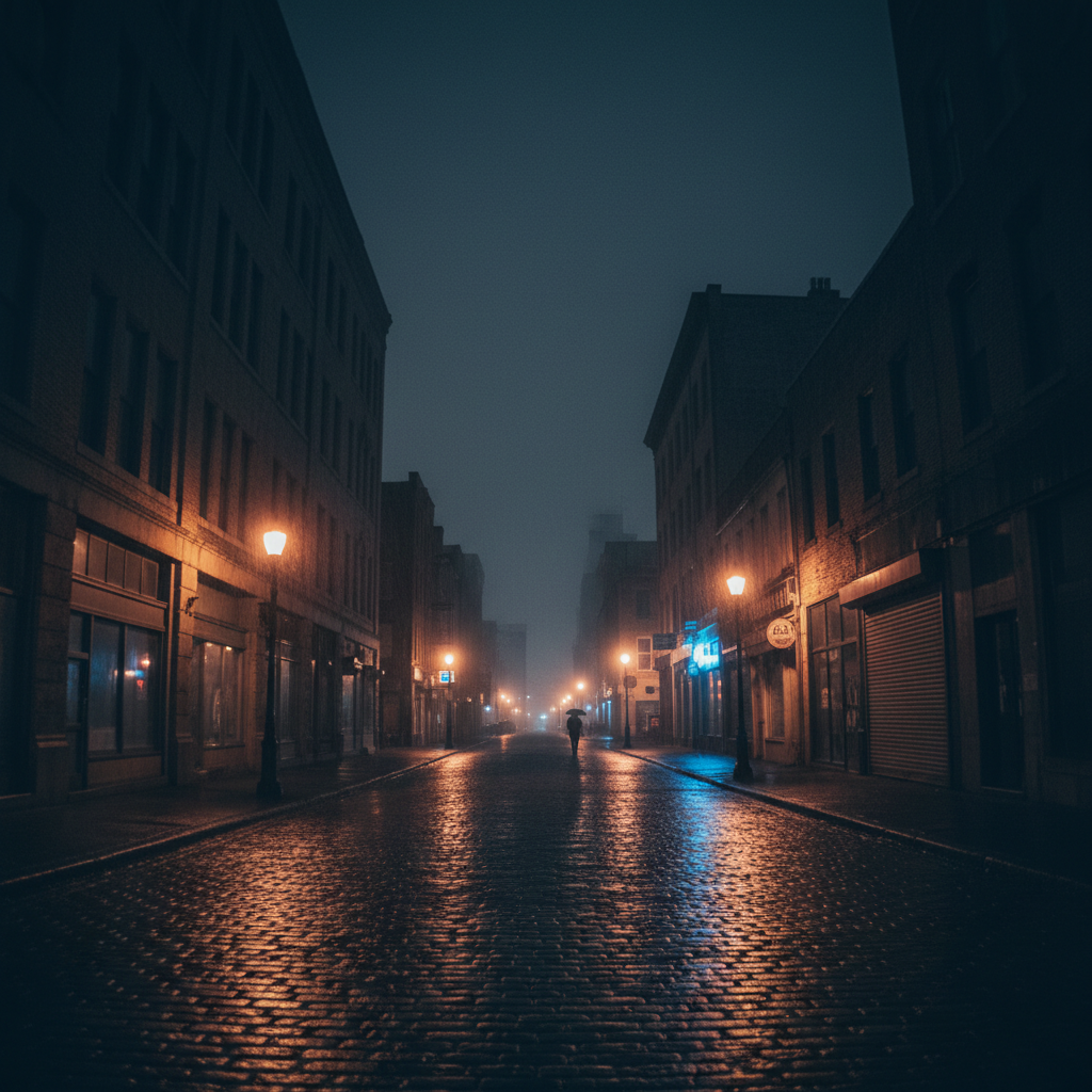 Dark urban night scene with deep shadows, moody atmospheric low-key lighting