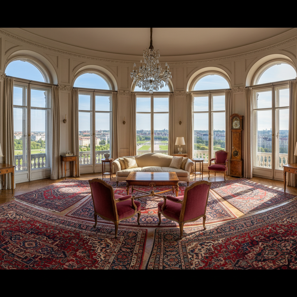 Tower suite living room with floor-to-ceiling arched windows, antique furniture, Persian rugs, 360-degree views of the palace grounds and city