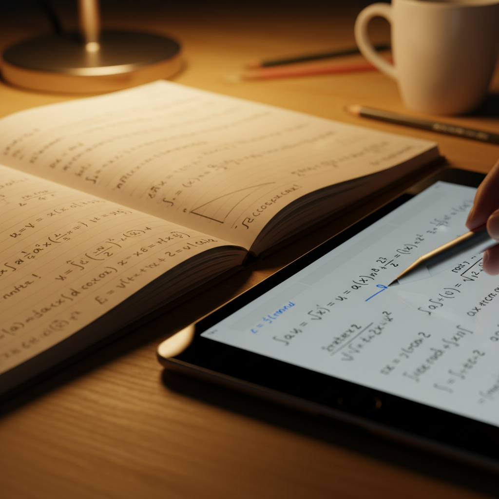 Student's notebook with handwritten calculus equations under warm desk lamp light, stylus mid-stroke on tablet