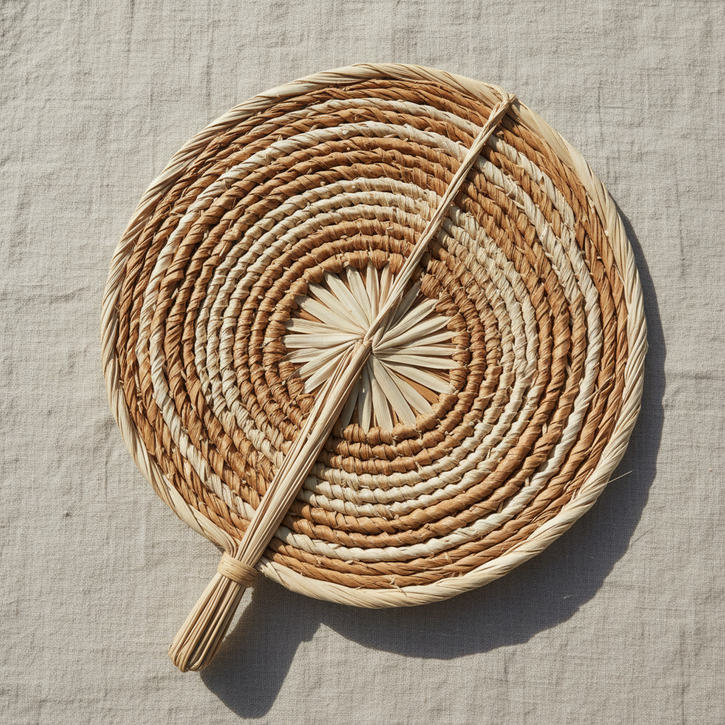 Handwoven palm leaf fan in natural tan and cream tones, laid on sun-bleached linen