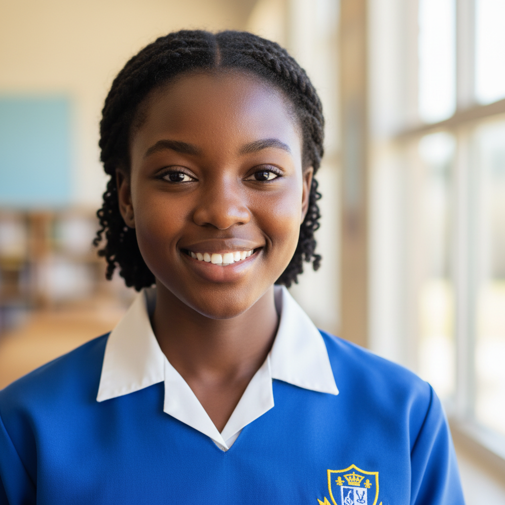 Portrait of a teenage girl in a school uniform smiling confidently, Burkina Faso