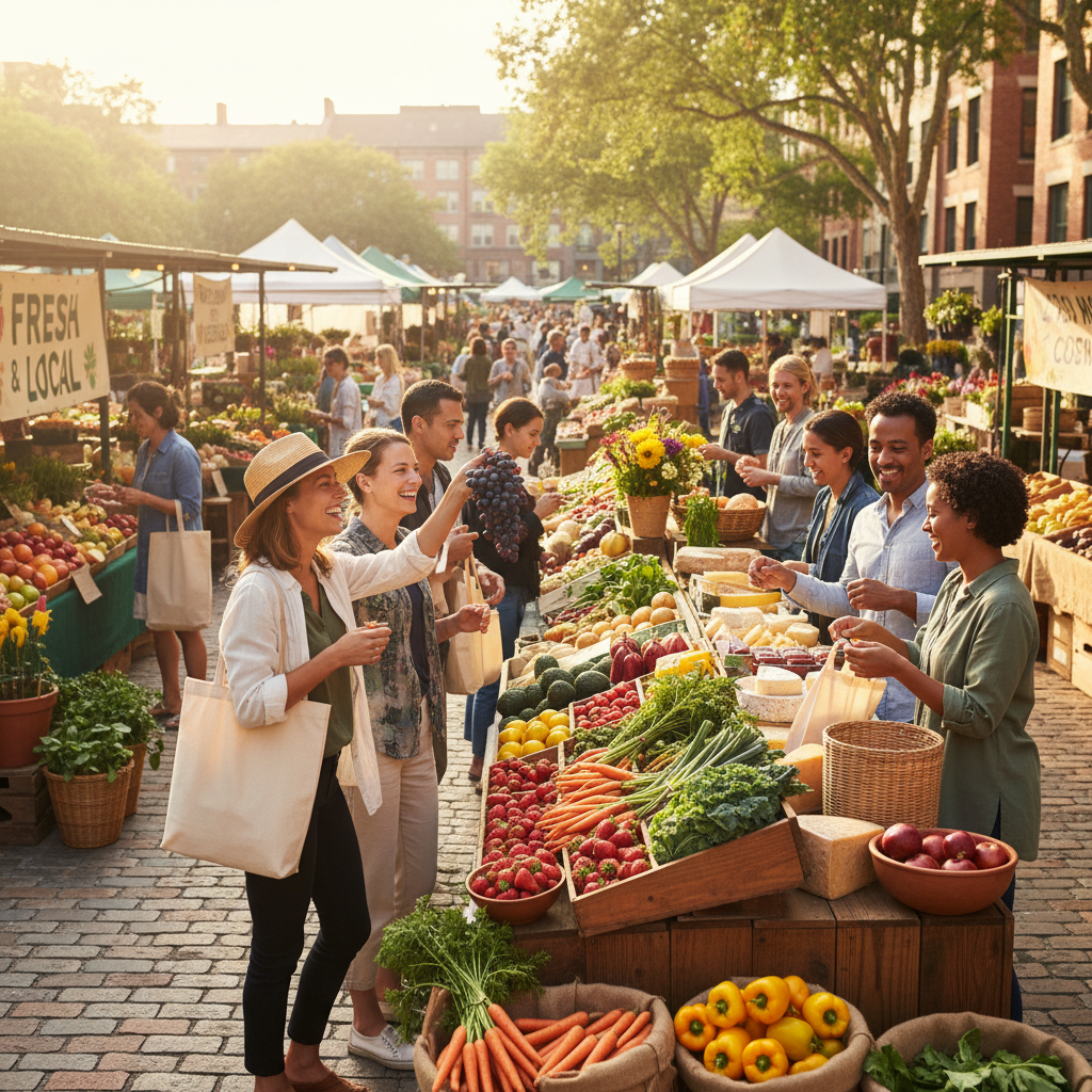 Farmers market scene with happy customers at a food stall