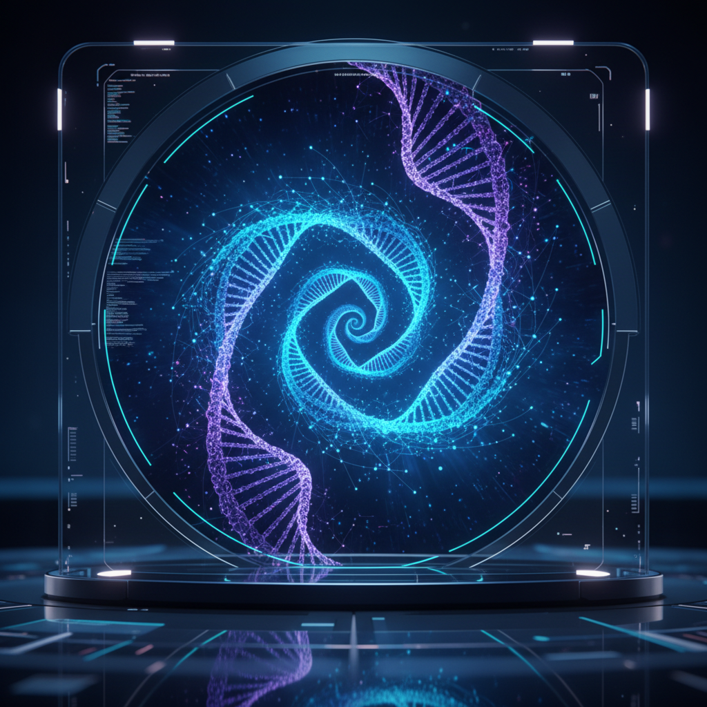 Genome visualization spiraling in blue and purple on a digital display