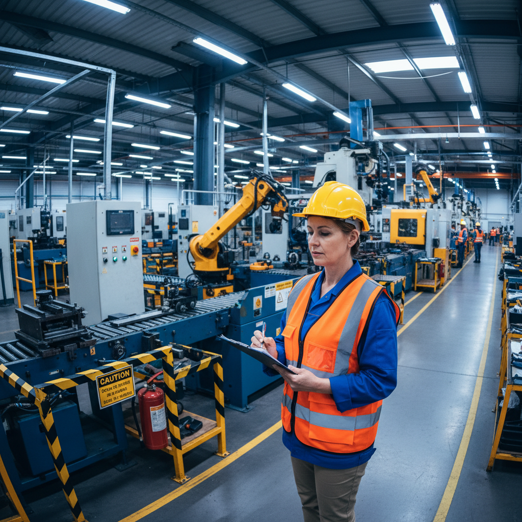 Safety consultant in hard hat and hi-vis vest marking clipboard on active production floor under fluorescent lighting
