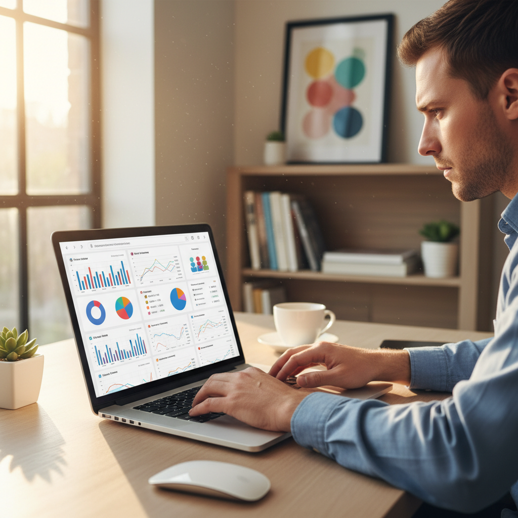 Analytics dashboard on a laptop screen showing upward trending charts, bright workspace with natural light