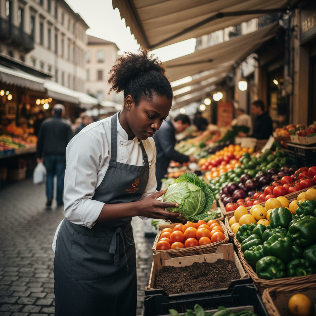 Woman in chef apron inspecting fresh vegetables at a farmers market