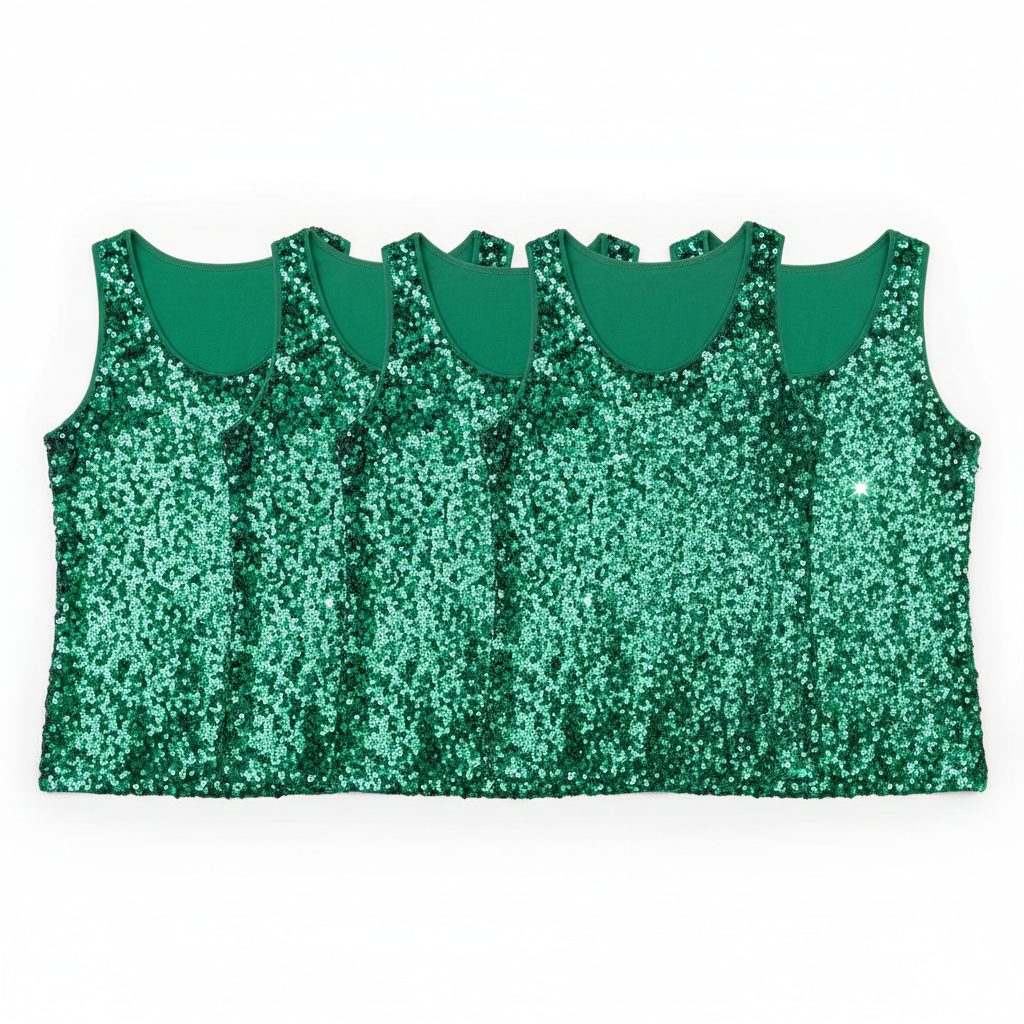 Four green sequined tank tops for pub crawl group costume