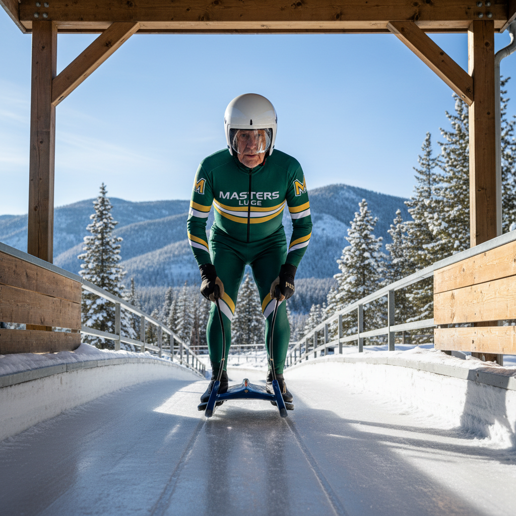 Frank Delbruck in masters luge suit at start house, grey hair visible under helmet