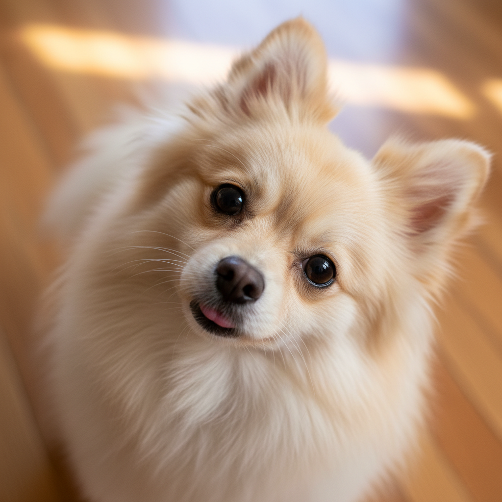 Mochi a small cream Pomeranian tilting her head curiously on a warm wooden floor