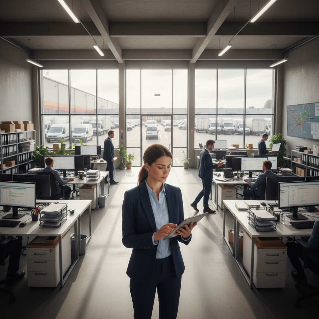 Priya Nair in a logistics office with vans visible through window
