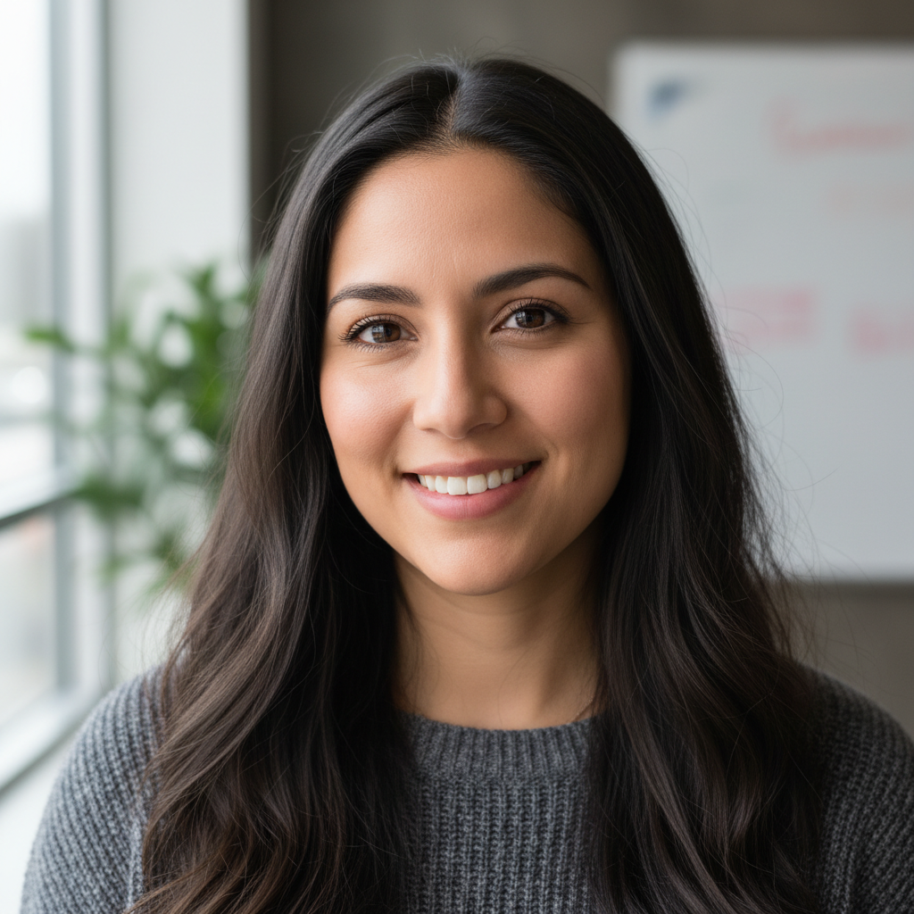 Portrait of Catalina Torres, Colombian woman professional designer with warm smile