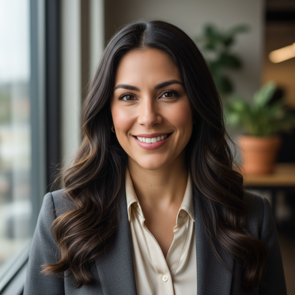 Hispanic woman with dark hair in professional attire with warm smile