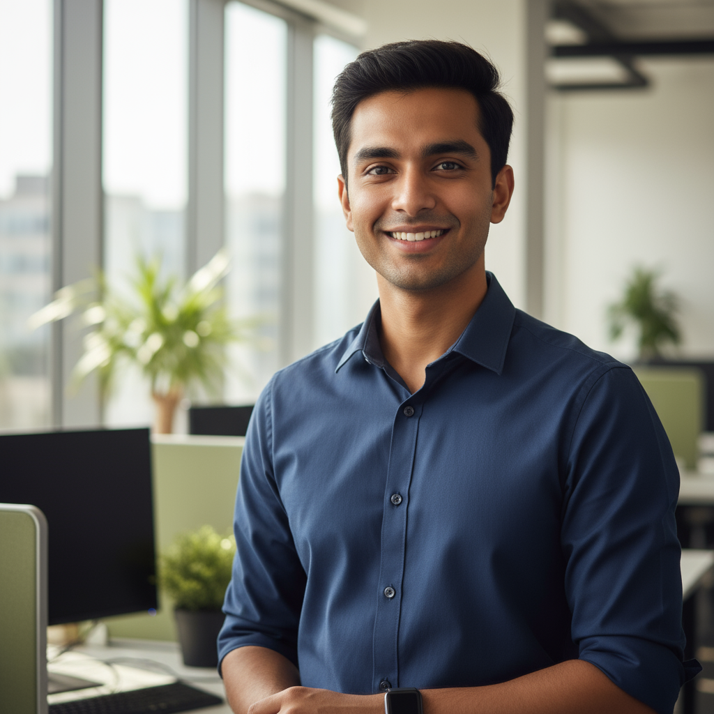 Young Indian male chef with short black hair in black apron smiling confidently in modern food truck kitchen