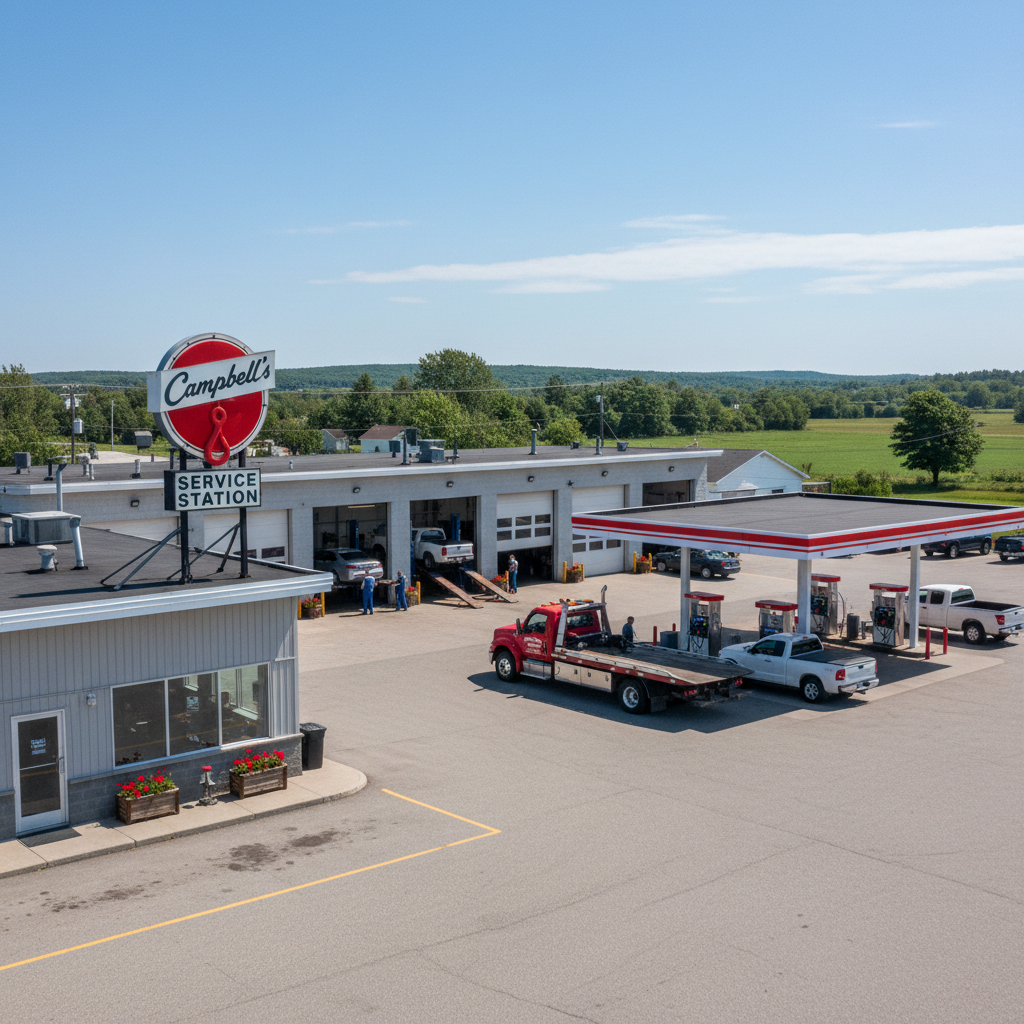 Campbell's Towing service station in Dundas PEI — full service garage and fuel
