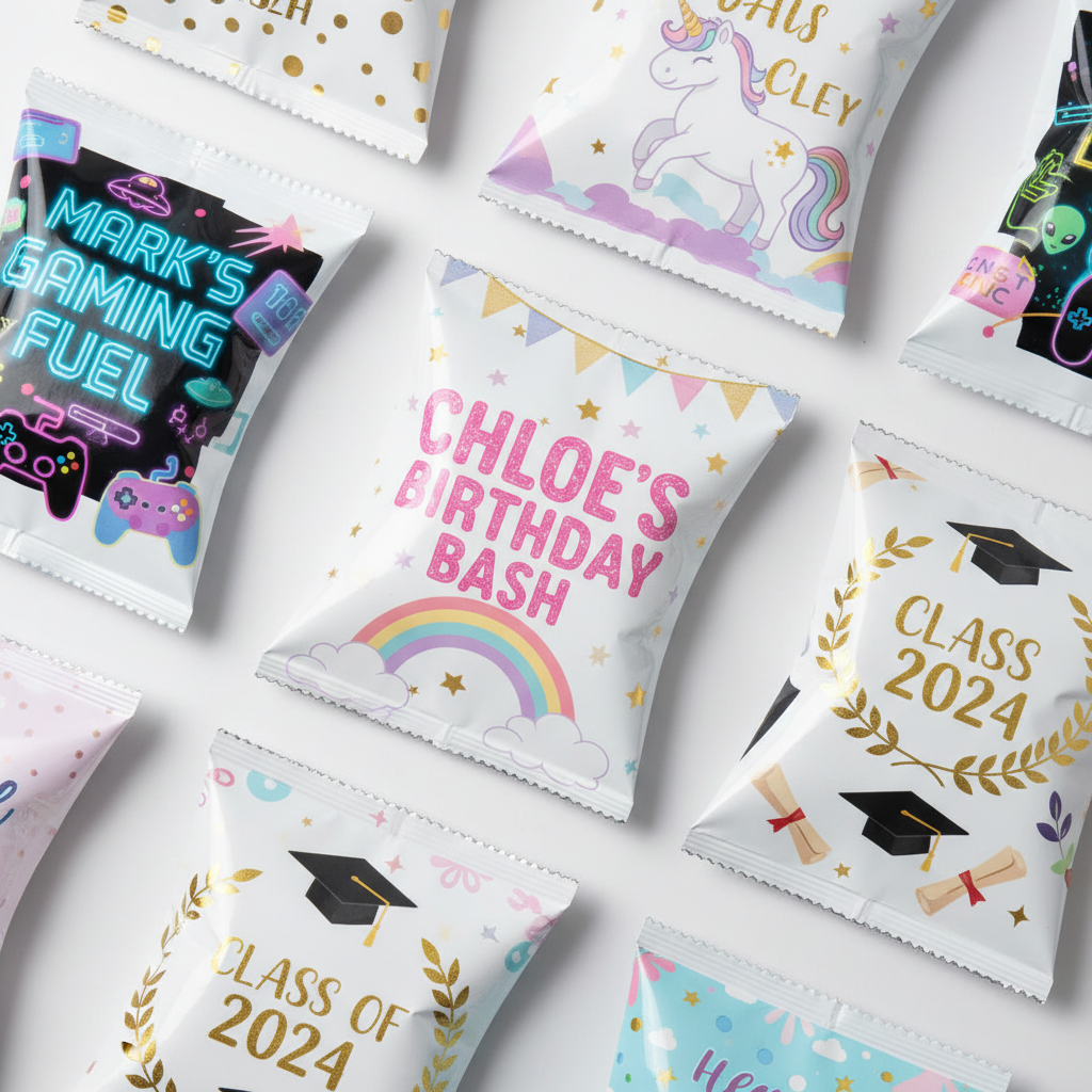 Personalised chip packet wrappers with custom name and theme design