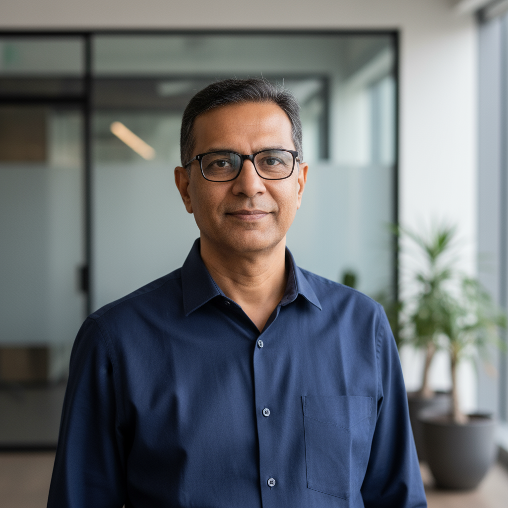Middle-aged Indian man with glasses and a professional demeanor, wearing a collared shirt