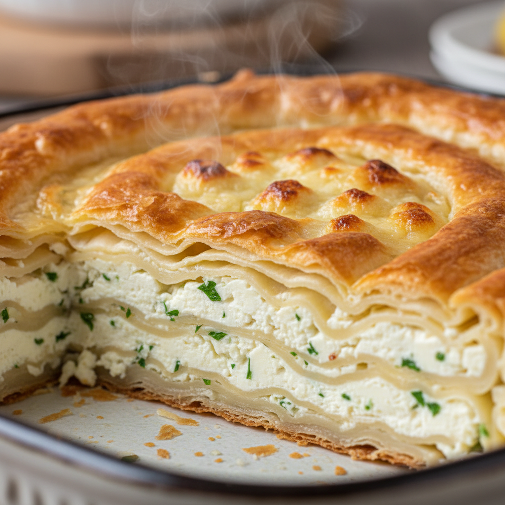 Cross-section of layered su böreği showing golden pastry and cheese filling