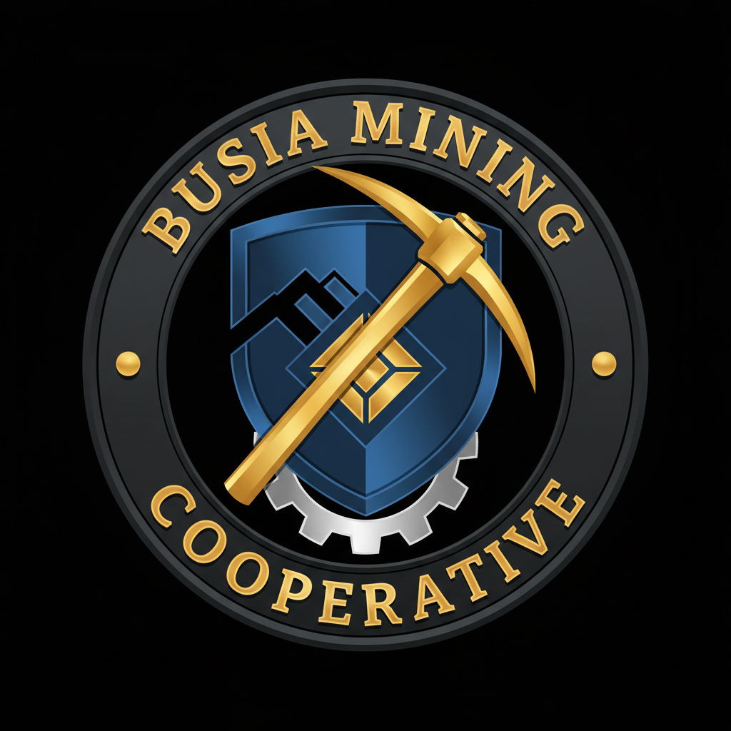 Busia Mining Cooperative logo showing golden pickaxe and shield emblem on dark background