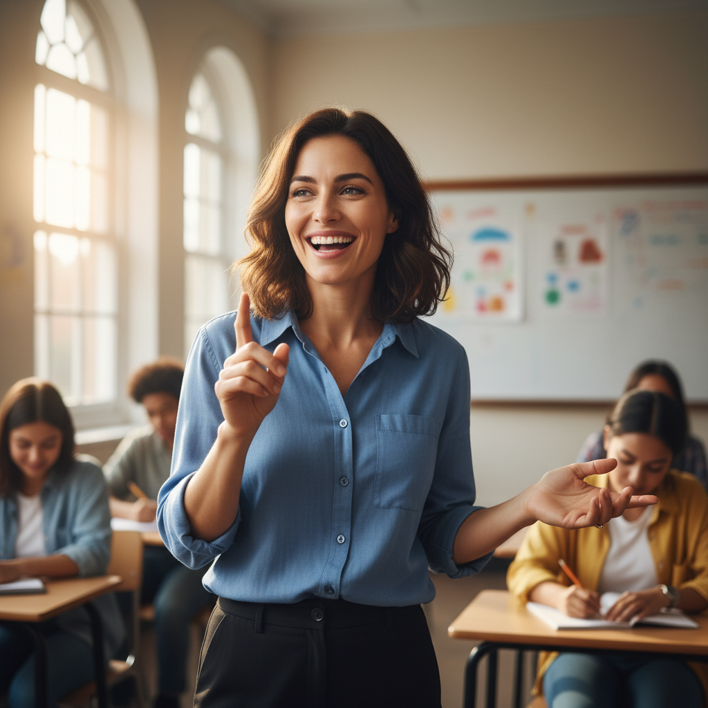 Female teacher in professional attire with warm smile and light background