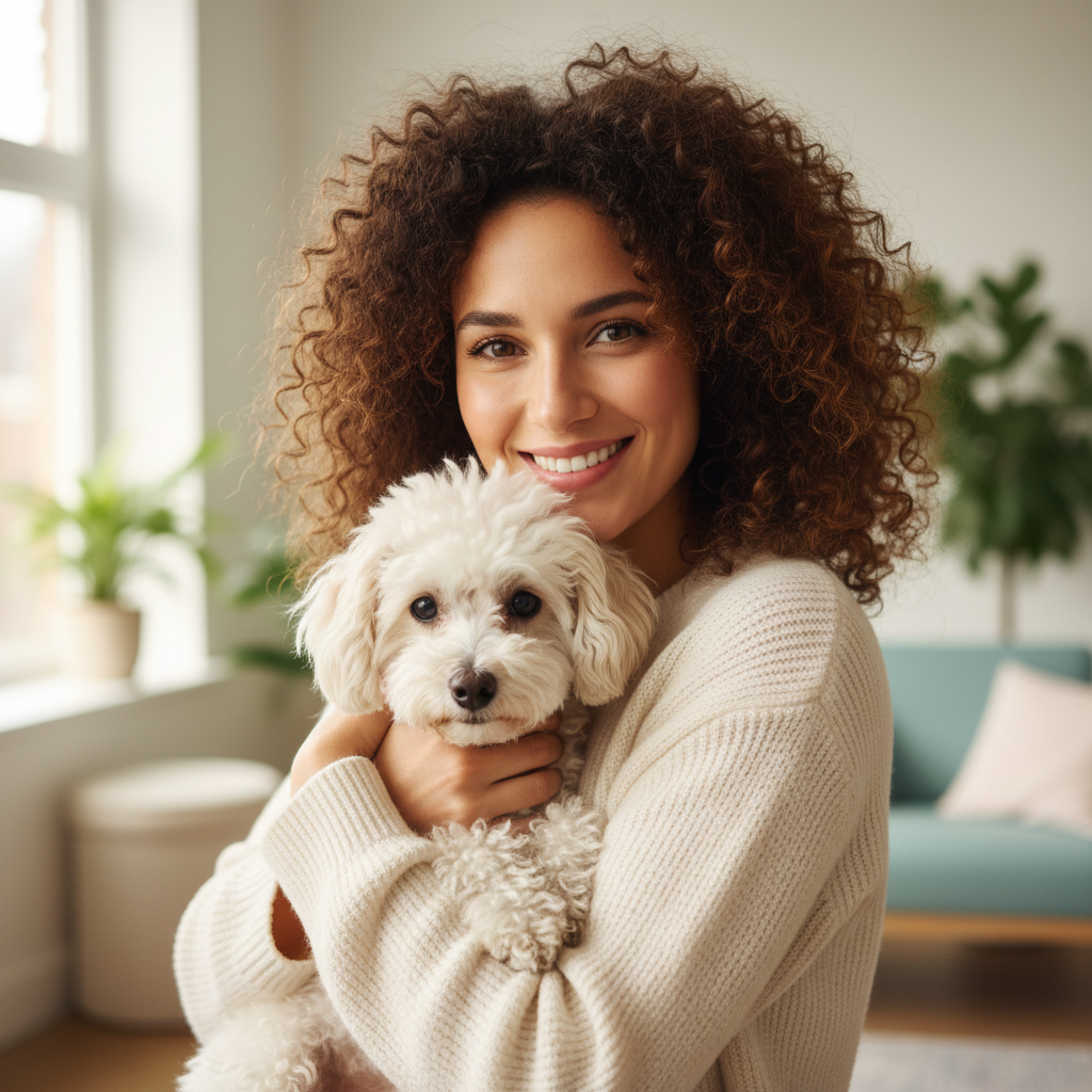 Smiling woman with natural hair holding a small dog