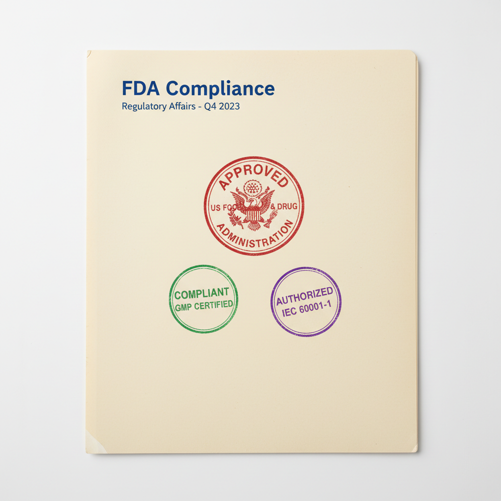 FDA compliance documentation folder with regulatory stamps