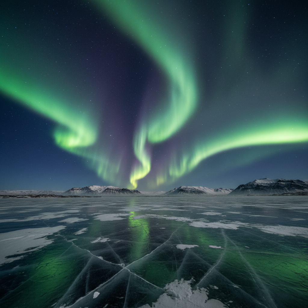 Northern lights aurora borealis over frozen lake in Iceland
