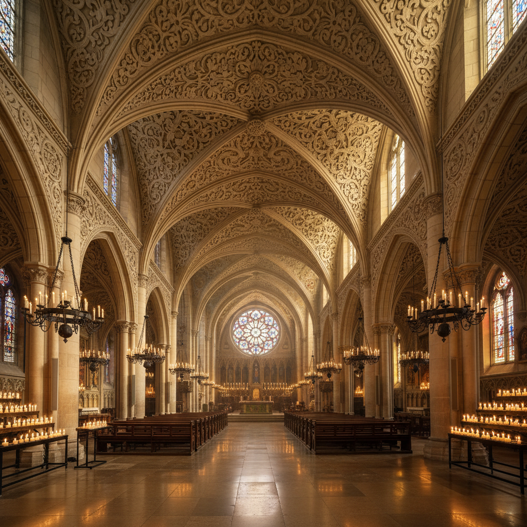 Interior of a completed Nave project — vaulted stone sanctuary with clerestory windows and warm candlelight