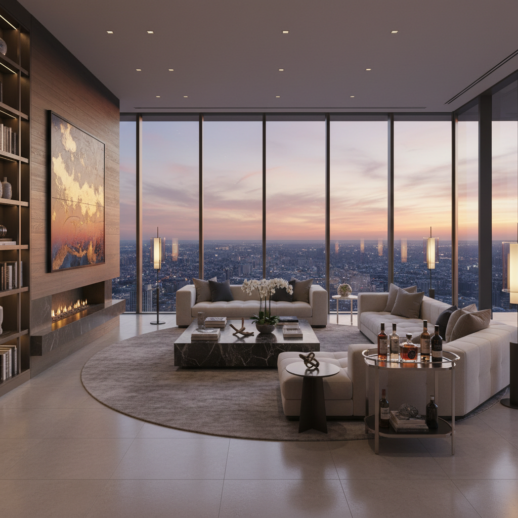 Expansive luxury penthouse living room, floor-to-ceiling windows, night cityscape, deep shadows, amber accent lighting