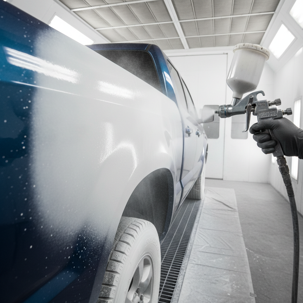 Spray gun applying white high-build primer across full truck quarter panel in spray booth