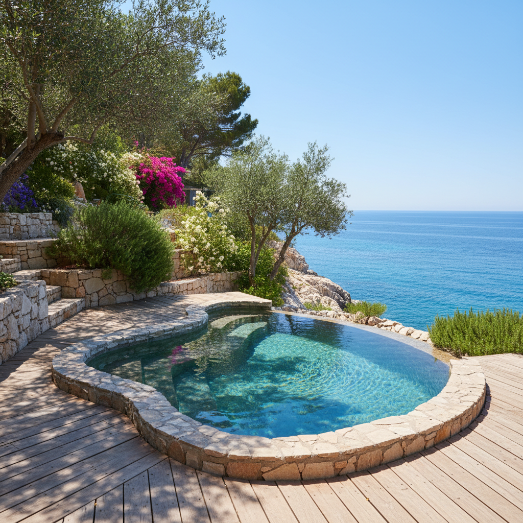 Piscine coque fond plat Sugiton, eau bleue cristalline, terrasse en bois, jardin méditerranéen ensoleillé