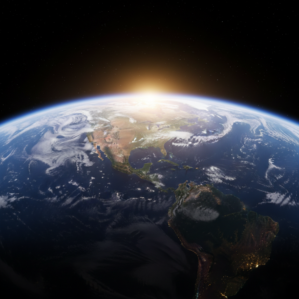 Earth from orbit showing continents and cloud systems, deep blue atmosphere, vast dark space beyond, scientific perspective
