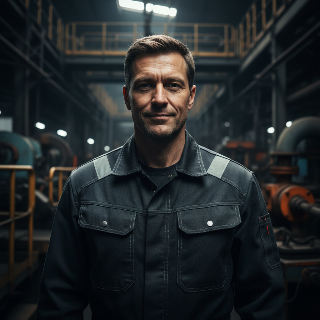 Business professional in smart casual attire, industrial background, thoughtful expression