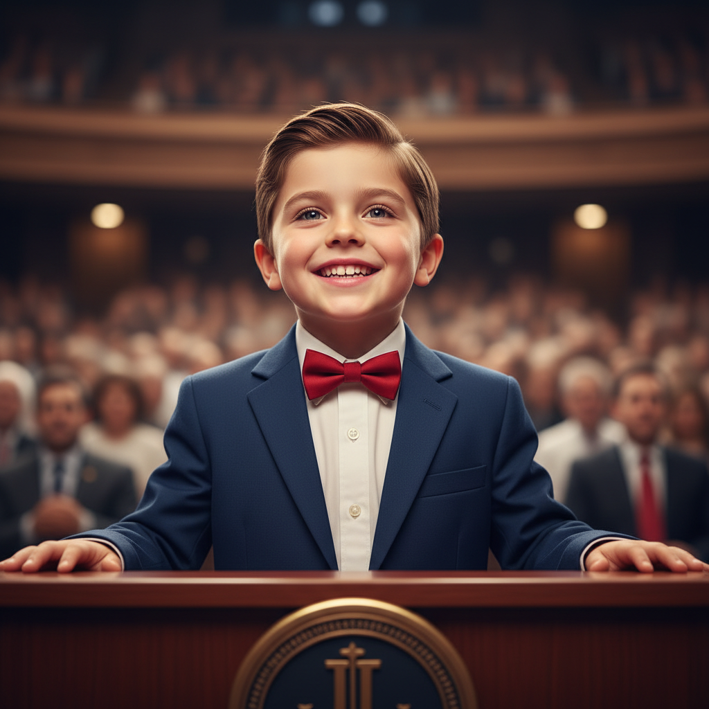 Confident child standing at a podium speaking to an audience with a big smile