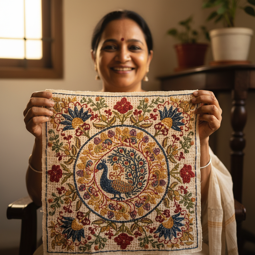Kantha Revival collection laid flat showing full embroidery pattern