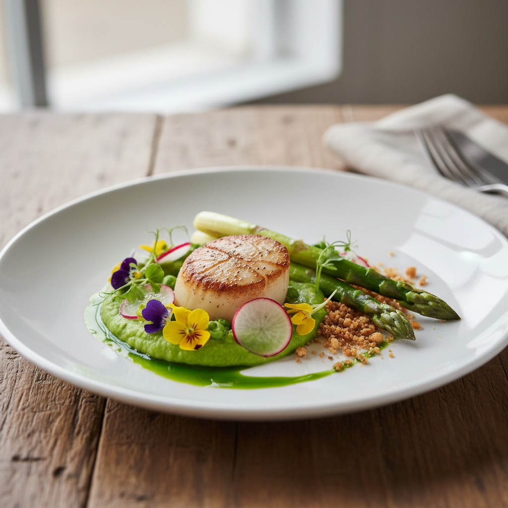 Close-up of seared halibut with sea beans and citrus foam plated with precision