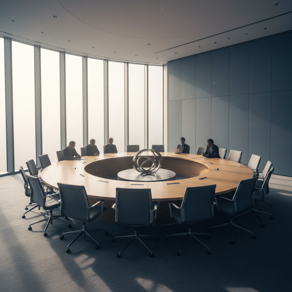 Empty conference room with circular table arrangement, chairs facing inward, morning light through frosted windows, faces deliberately shadowed in the few visible participants