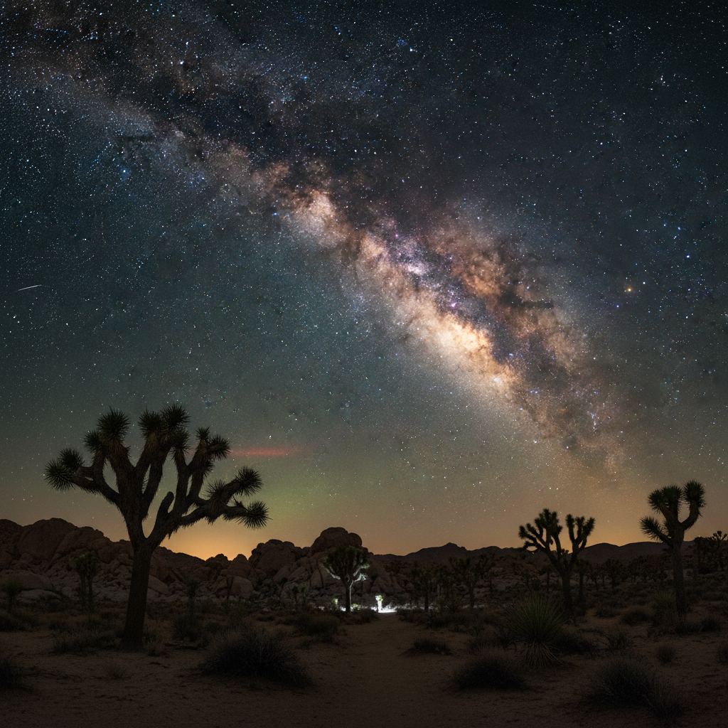 Night sky with milky way and stars over desert landscape