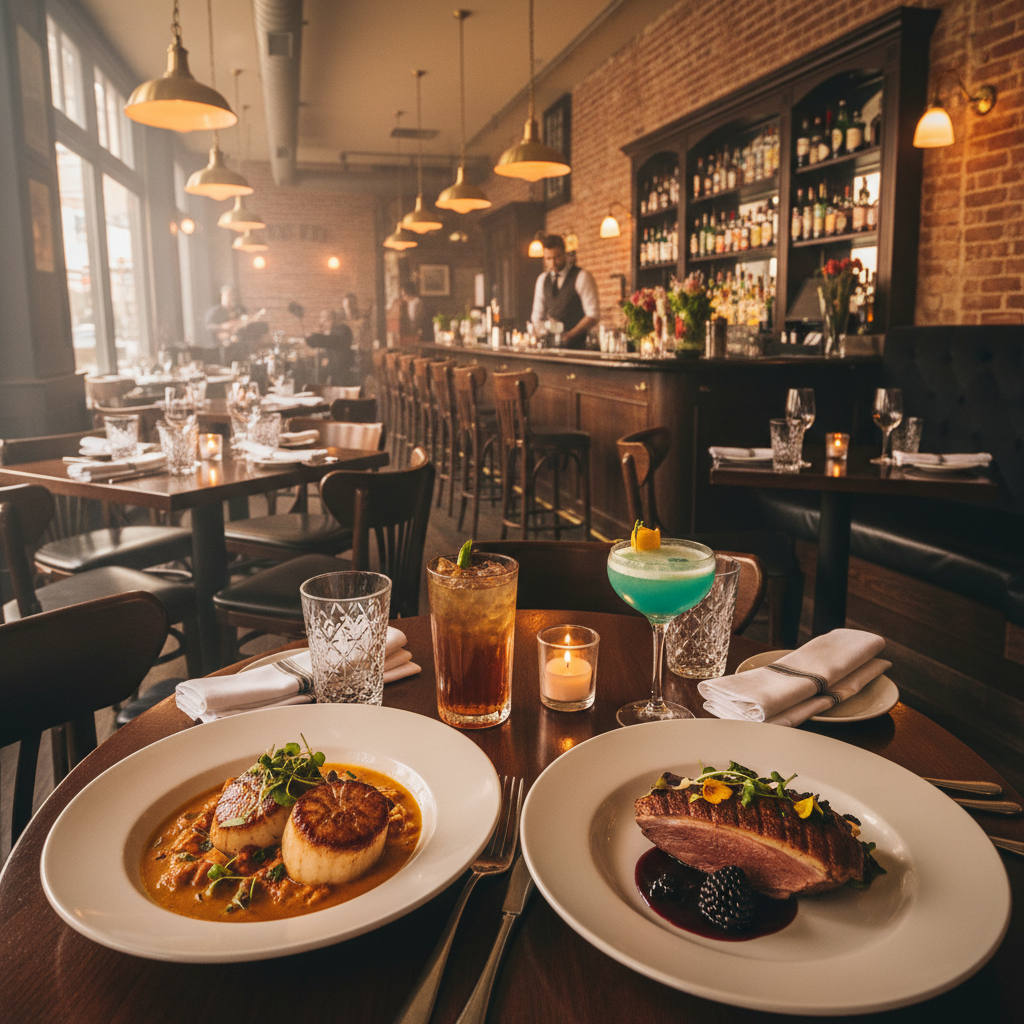 Elegant restaurant table setting with colorful cocktails and gourmet dishes
