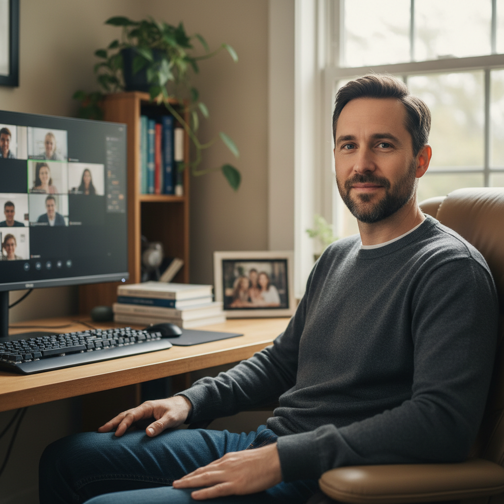 Doctor on video call from home office in casual clothes