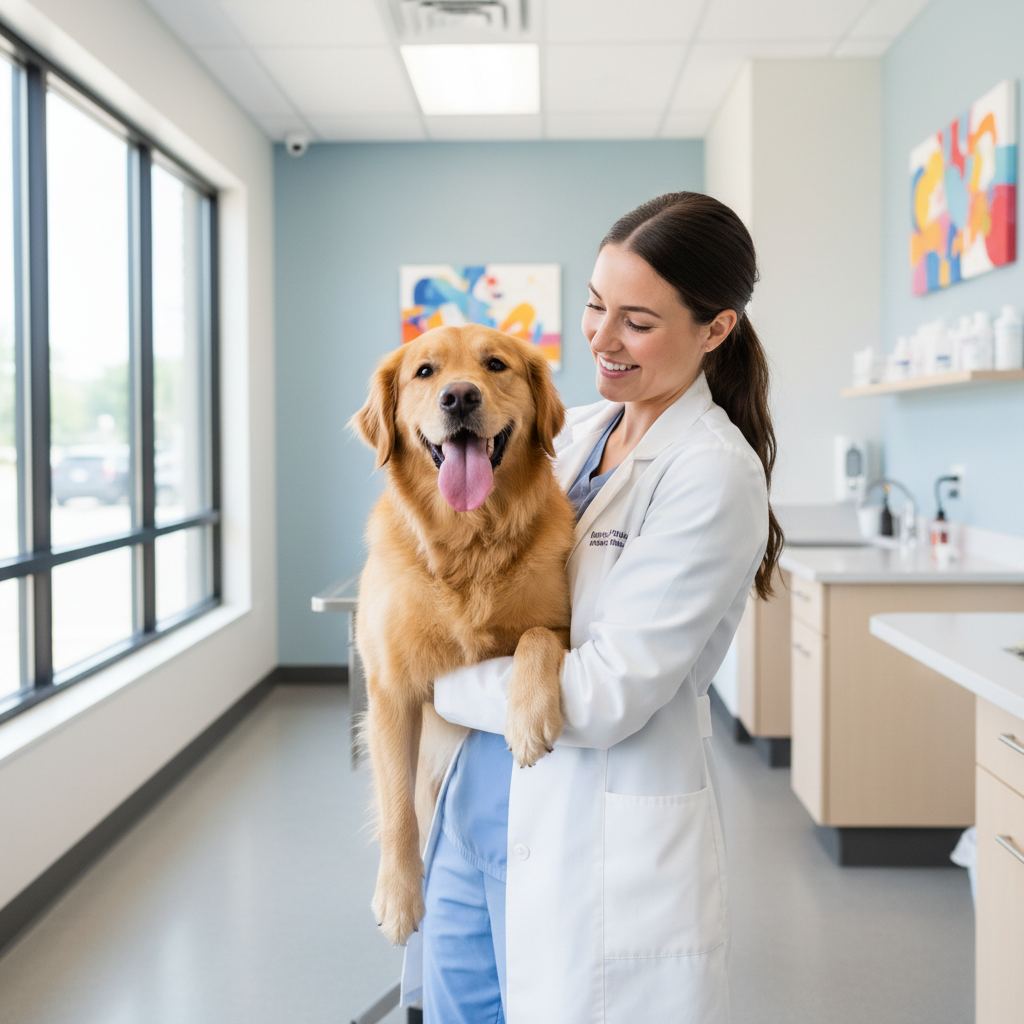 Veterinarian administering a vaccine to a calm dog held by its owner, warm well-lit clinic