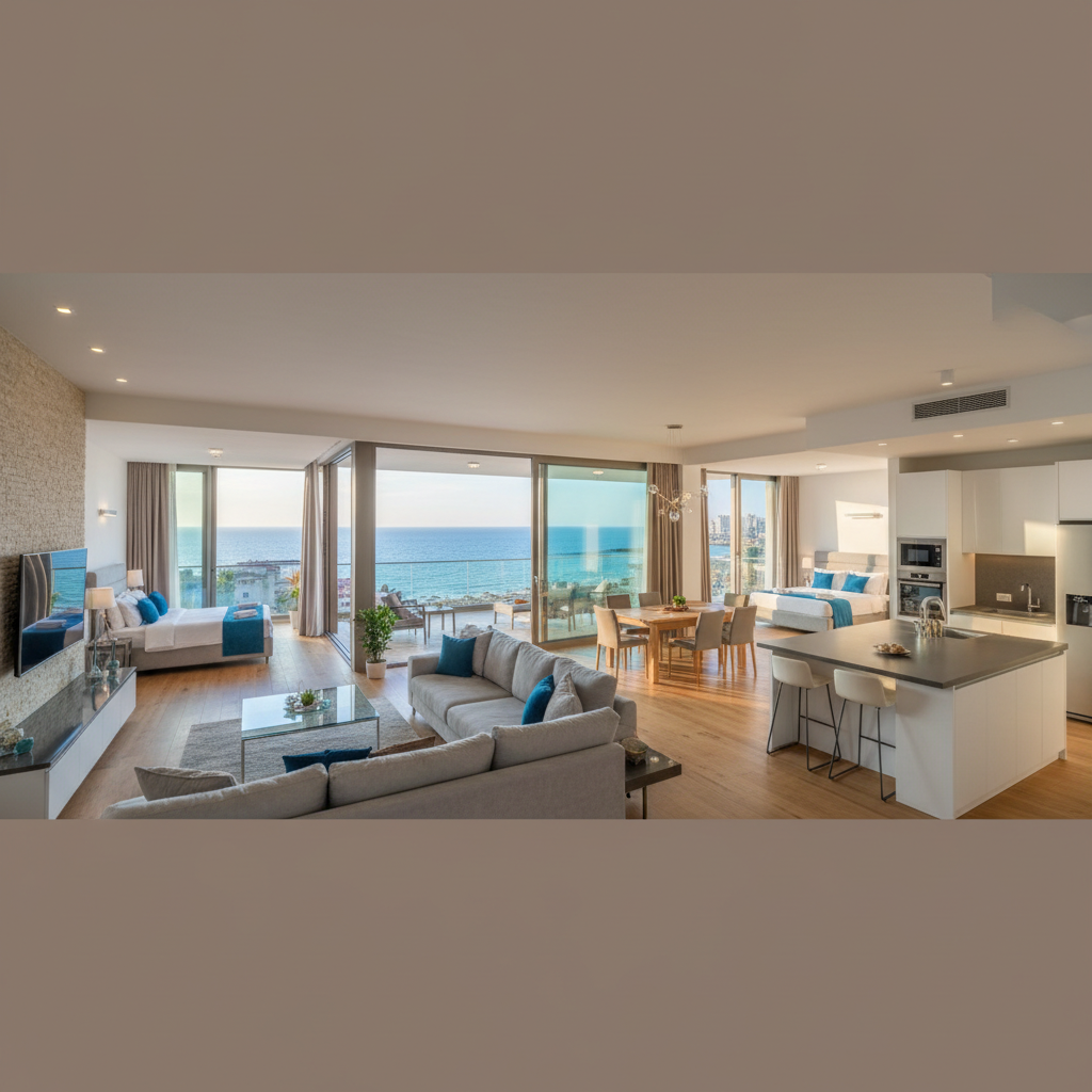 Modern apartment with marina views and open-plan living area