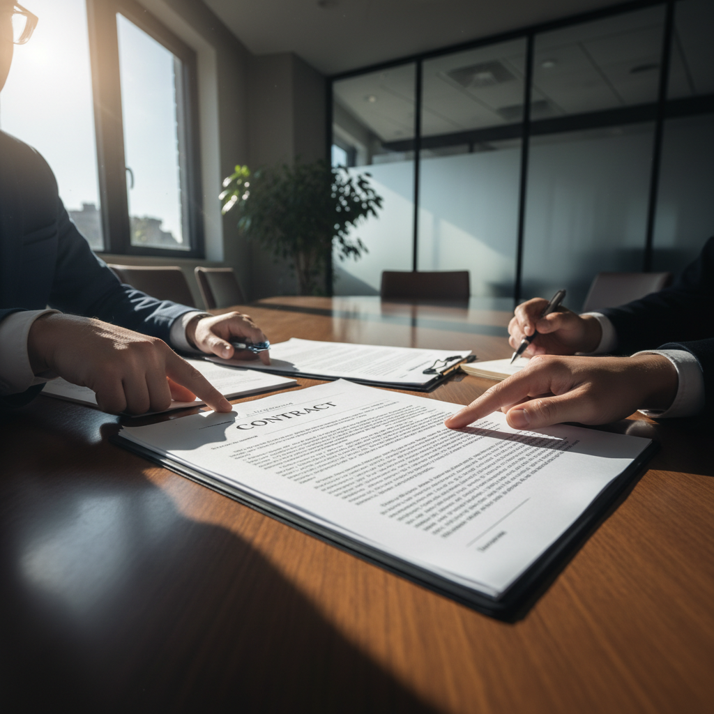 Zwei Geschäftsleute unterzeichnen Vertrag am Schreibtisch mit Dokumenten und Laptop