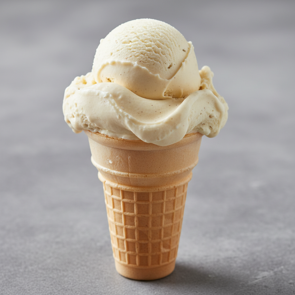 Creamy white vanilla ice cream scoop in a waffle cone, soft natural light