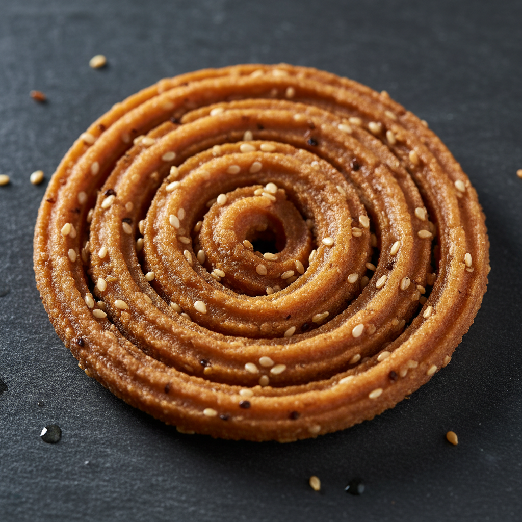 Crispy golden spiral chakli snacks piled high in a dark clay plate with sesame seeds on rustic wood