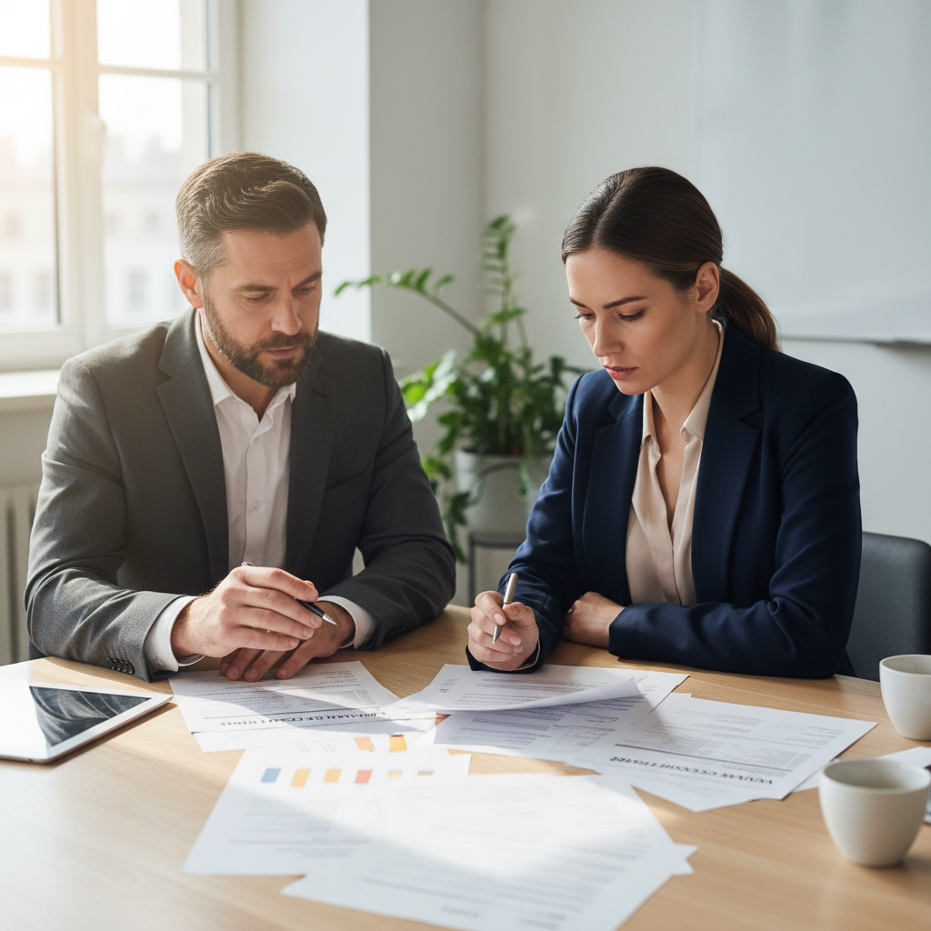 Business professional reviewing charts and strategy documents on a well-lit office desk